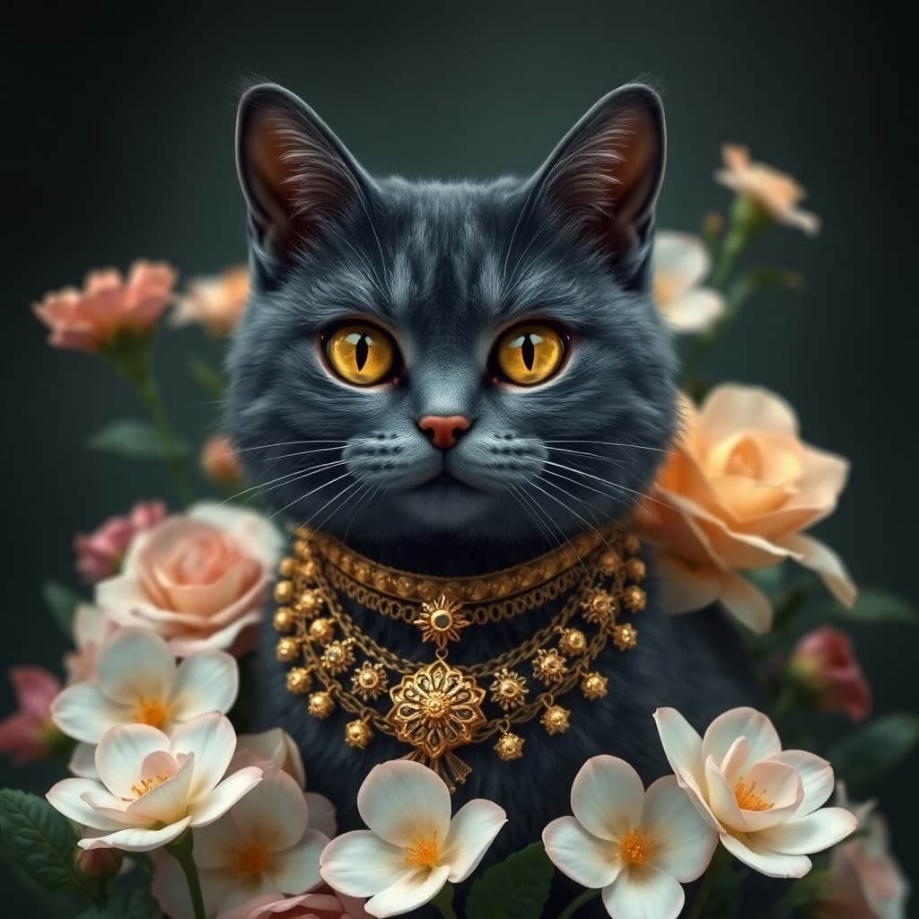 dark Grey cat AI style covered in gold jewelry and surrounded by flowers


