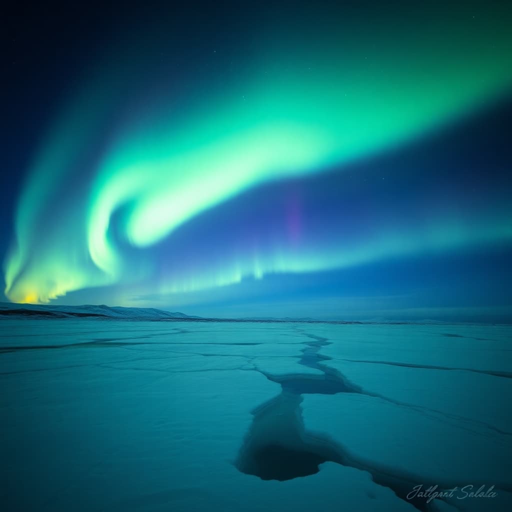 Aurora borealis illuminating an icy landscape