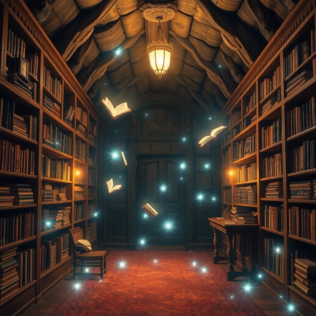 Secret library with floating books and magical lights