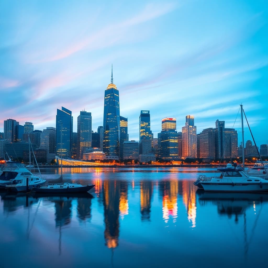 Modern city skyline reflecting in a calm harbor at twilight