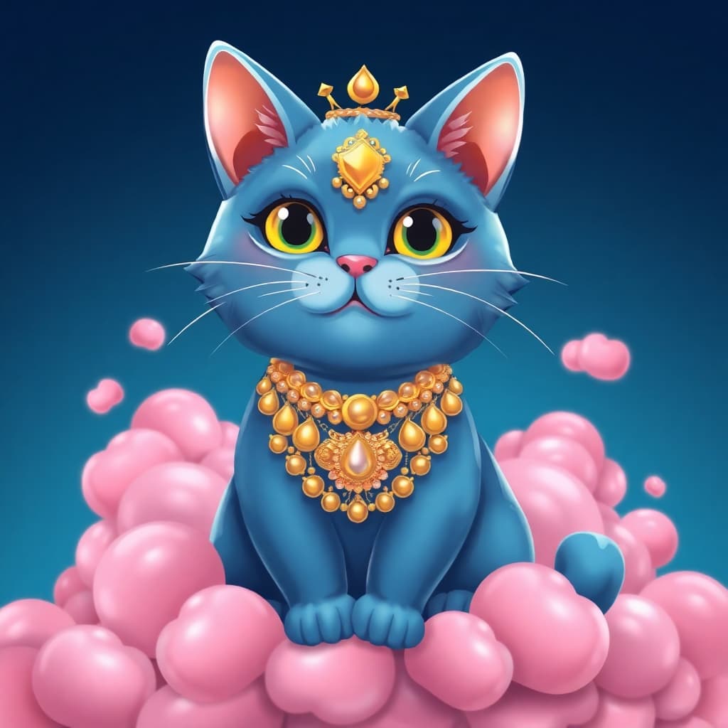 Russian blue cat anime style covered in gold jewelry and sitting on pink clouds

