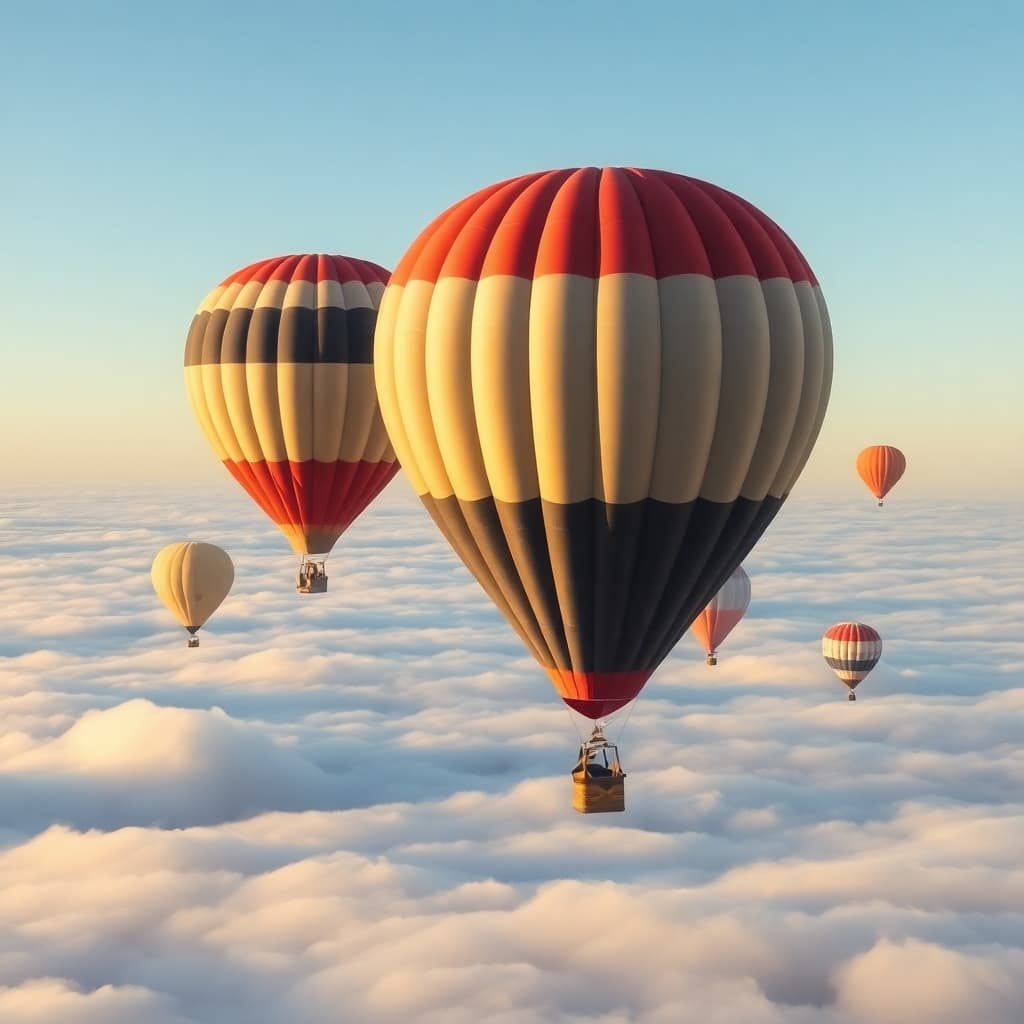 Hot air balloons floating above a dreamy cloud sea