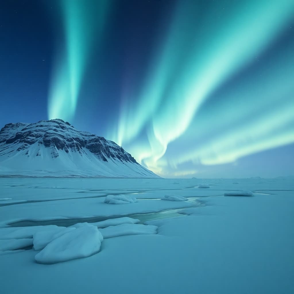 Aurora borealis illuminating an icy landscape