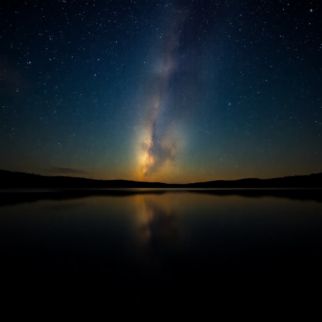 Starry night sky reflecting on a serene lake