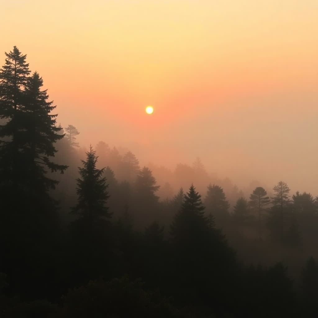 Misty sunrise over a tranquil forest