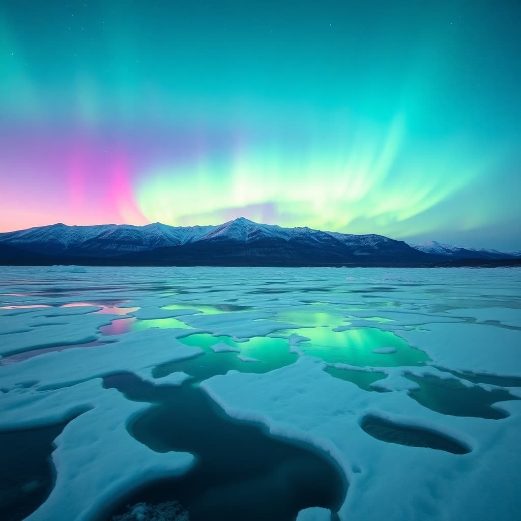 Aurora borealis illuminating an icy landscape