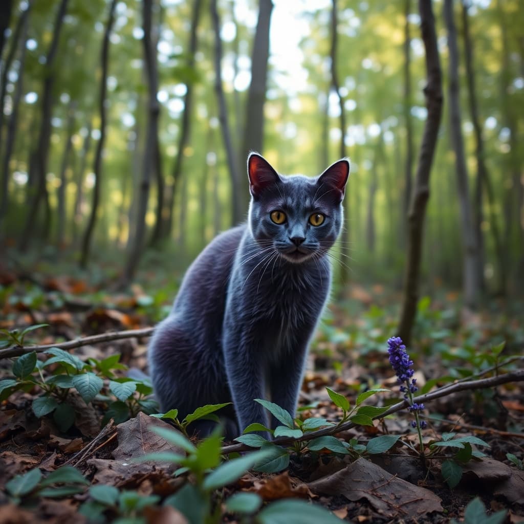 Purple cat in the forest