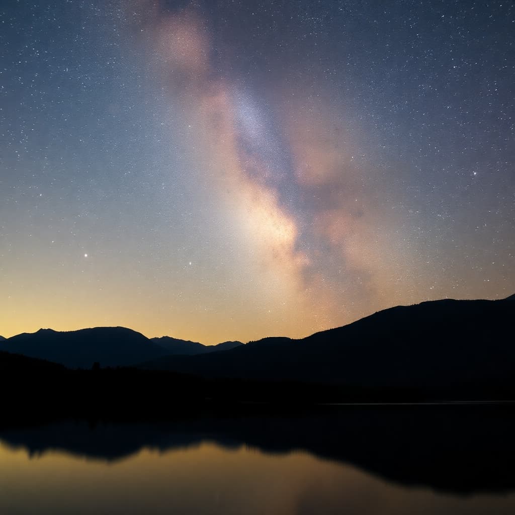 Starry night sky reflecting on a serene lake