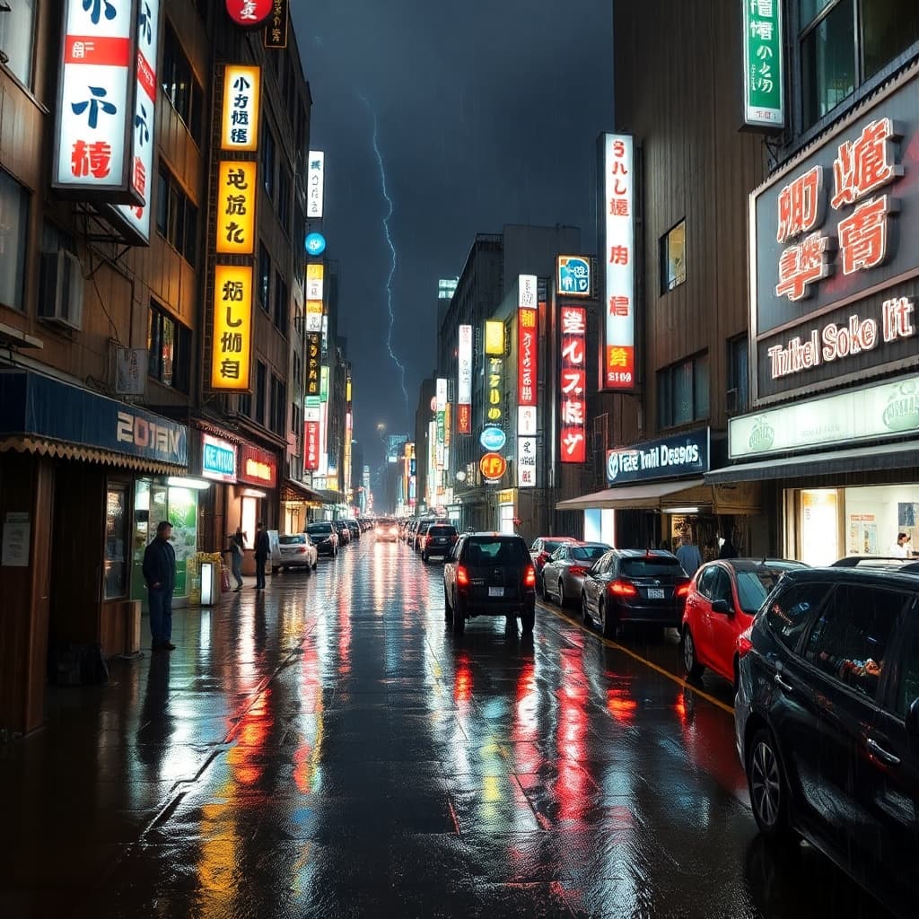 Rainy night in Tokyo with reflective streets and neon signs