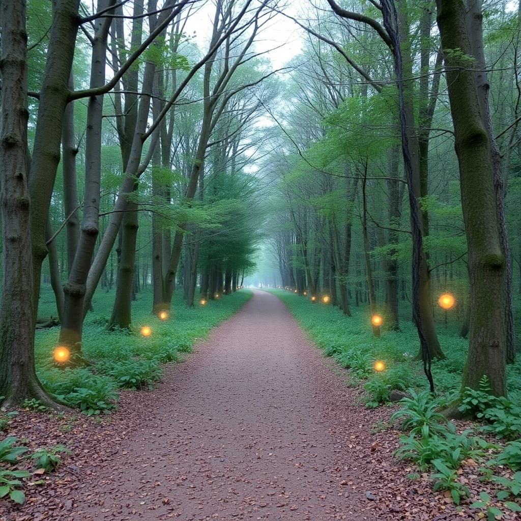 Enchanted forest pathway with spirit wisps