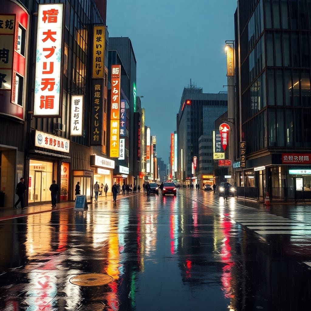 Rainy night in Tokyo with reflective streets and neon signs "Auchan"