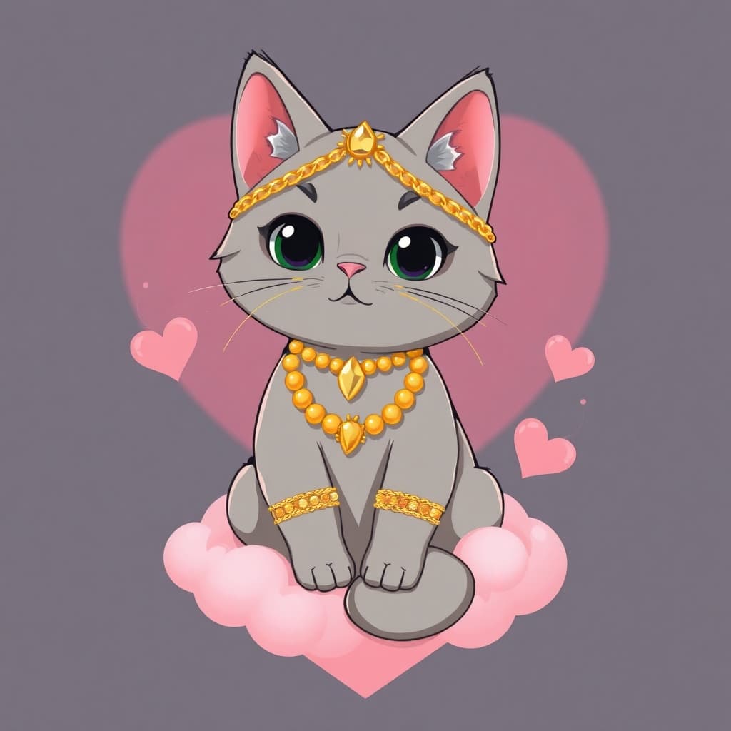 Grey cat anime style covered in gold jewelry and sitting on pink heart shaped clouds


