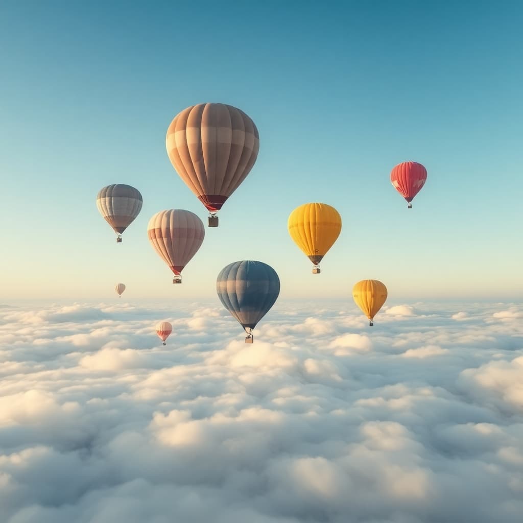 Hot air balloons floating above a dreamy cloud sea