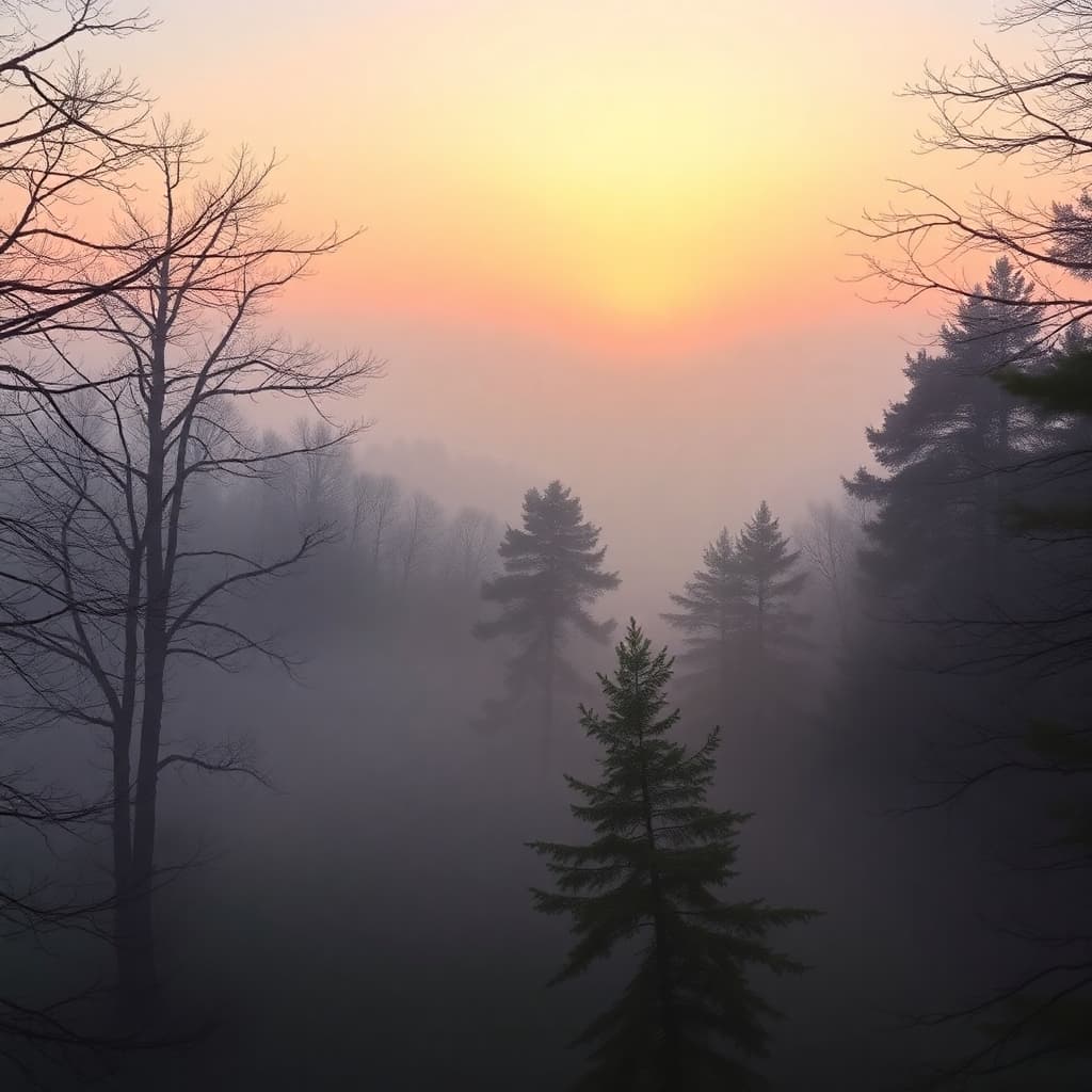 Misty sunrise over a tranquil forest