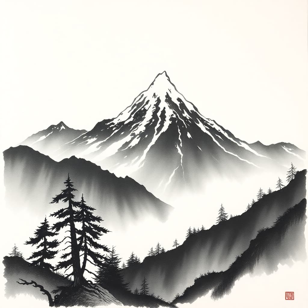 Japanese ink painting style mountain landscape