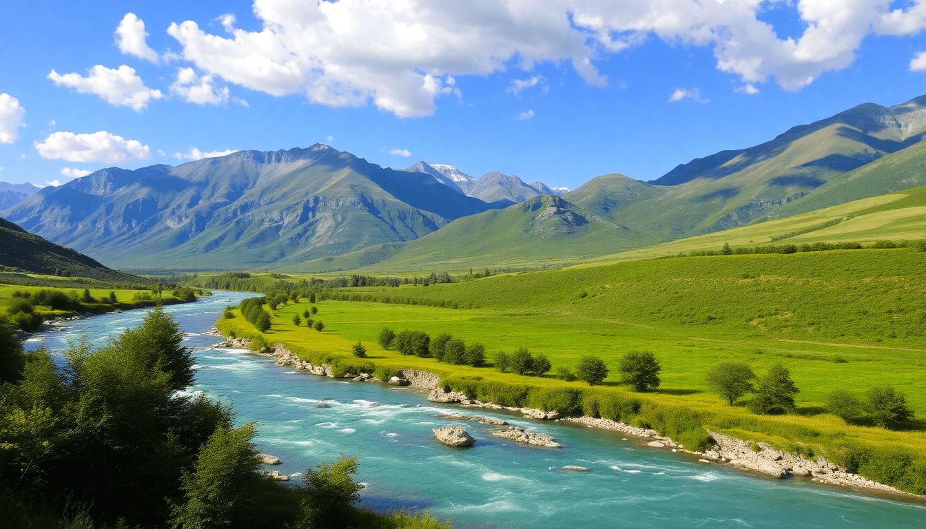 A beautiful landscape with a river and mountains