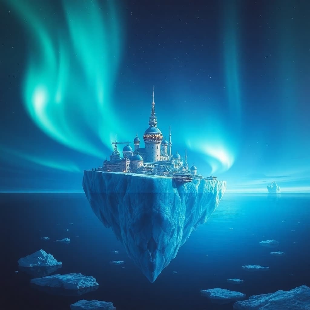 a futuristic city on an iceberg swimming in the ocean under aurora borealis