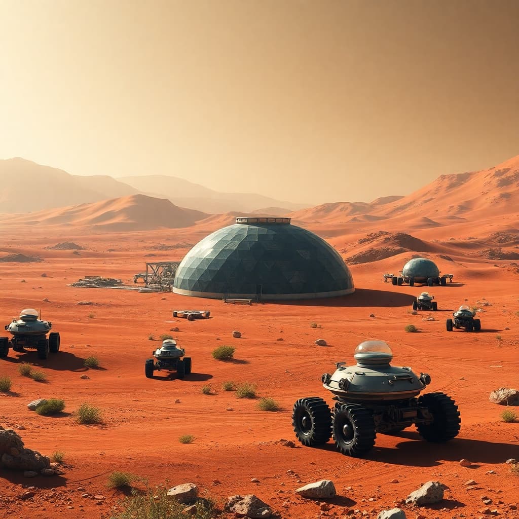 Space colony on Mars with biodomes and rovers