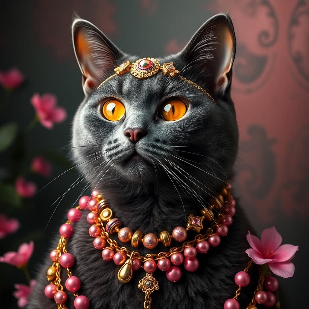 dark Grey cat AI style covered in gold jewelry and surrounded by everything pink 

