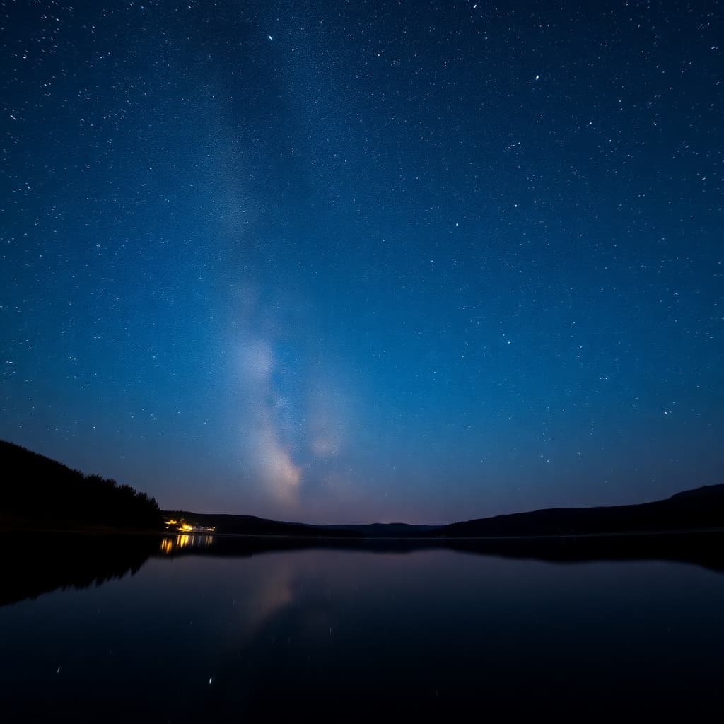 Starry night sky reflecting on a serene lake