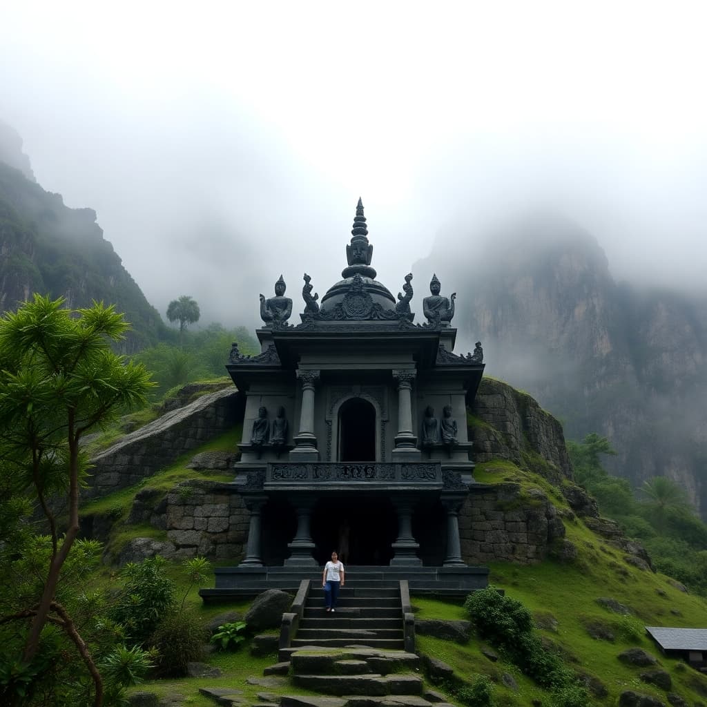 Hidden temple in misty mountains with ancient statues