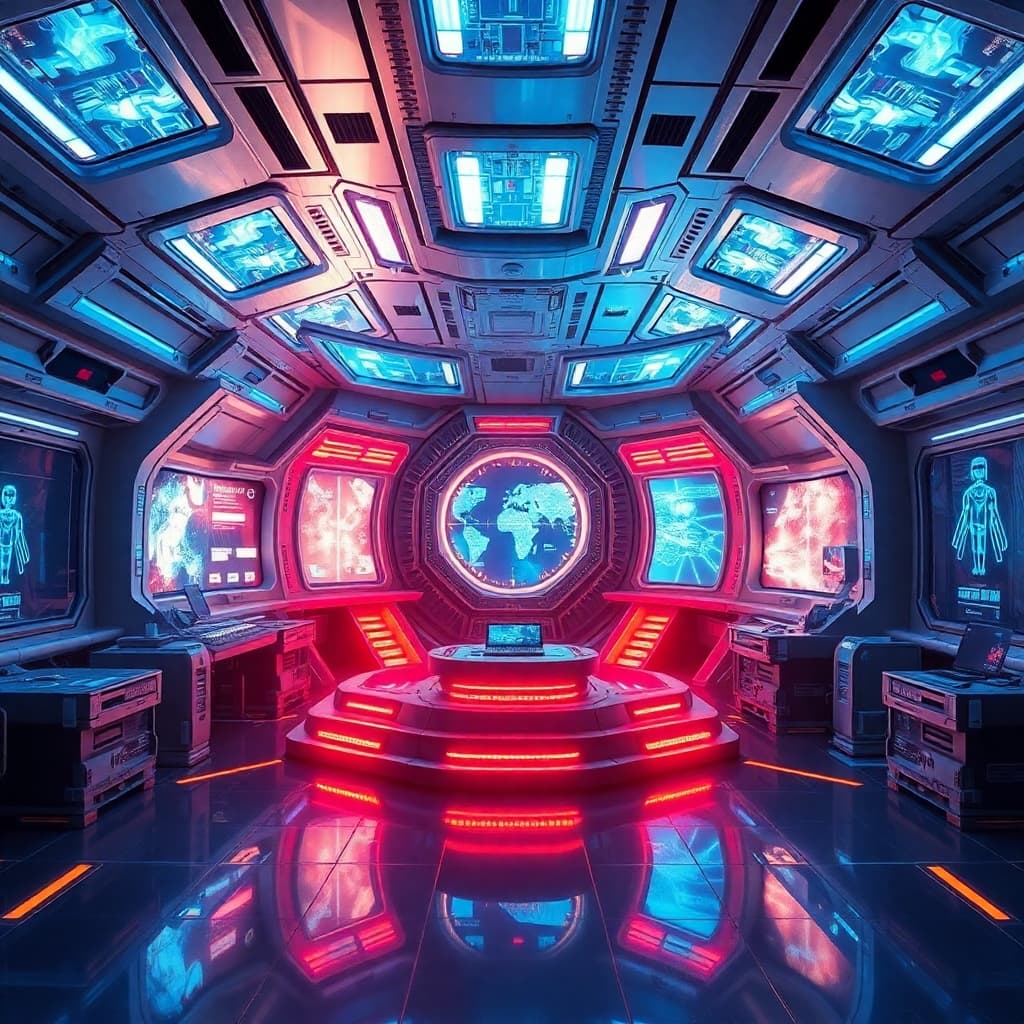 Sci-fi space station interior with holographic displays