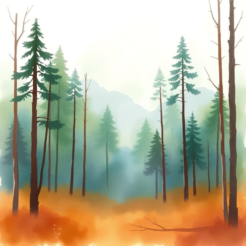 Watercolor style forest scene with soft color transitions