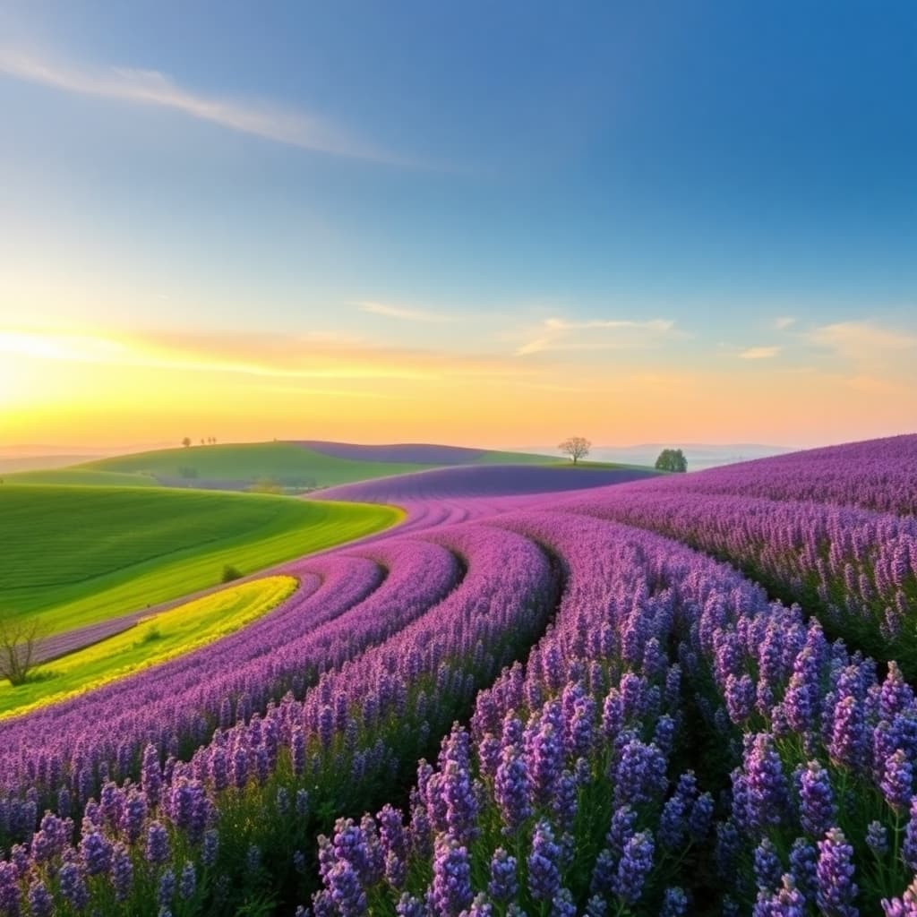 Rolling hills covered in lavender fields at dawn