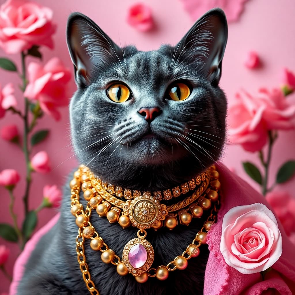 dark Grey cat AI style covered in gold jewelry and surrounded by everything pink 

