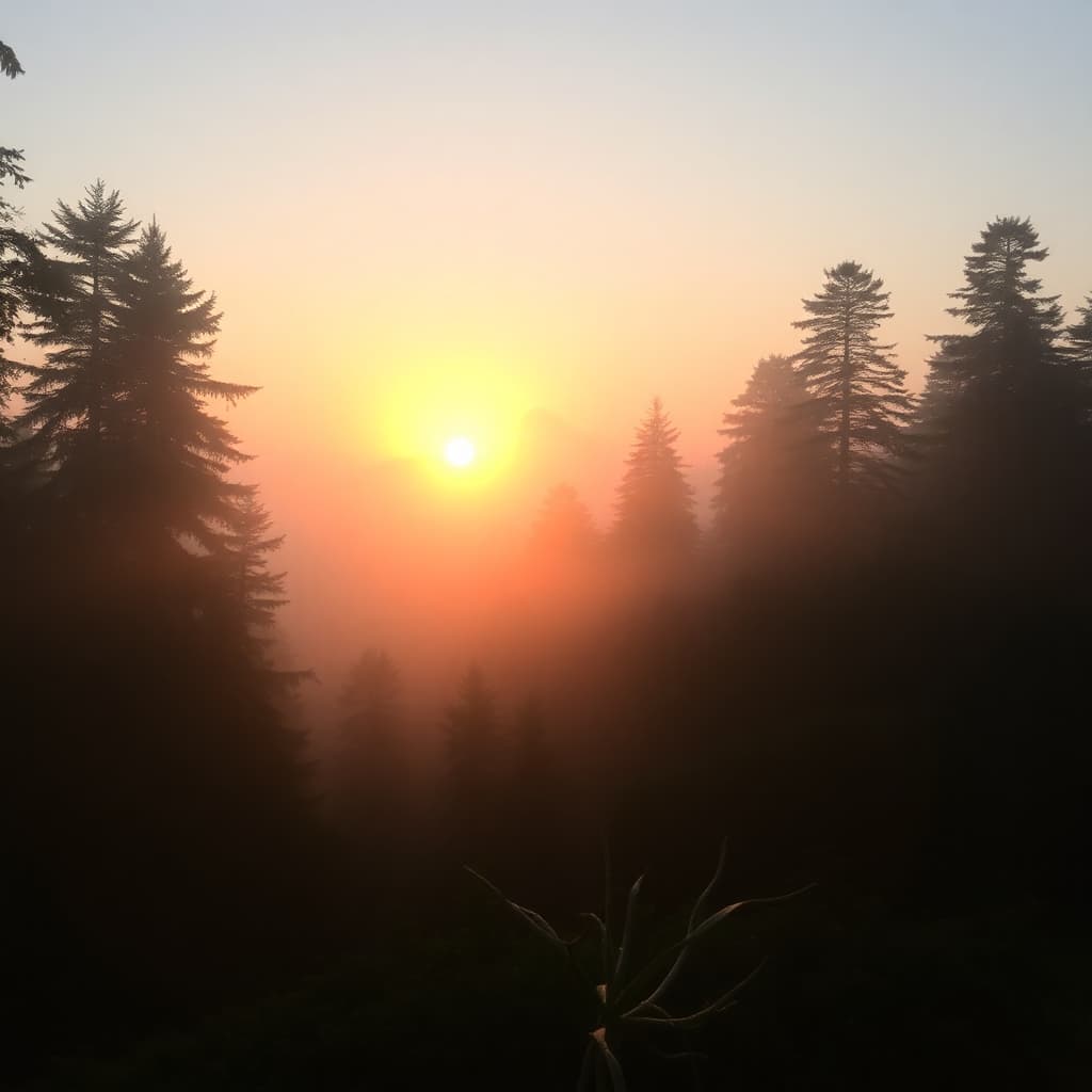 Misty sunrise over a tranquil forest