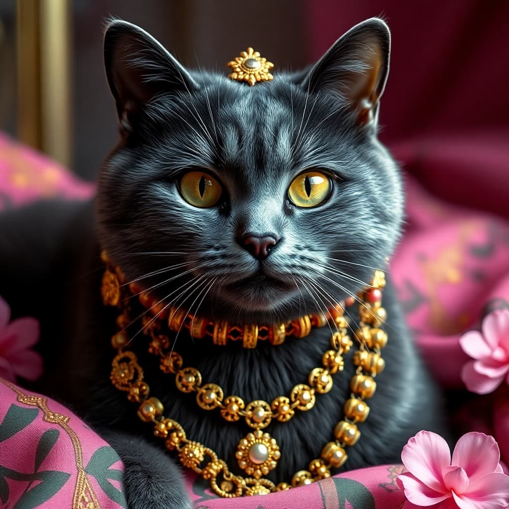 dark Grey cat AI style covered in gold jewelry and surrounded by everything pink 

