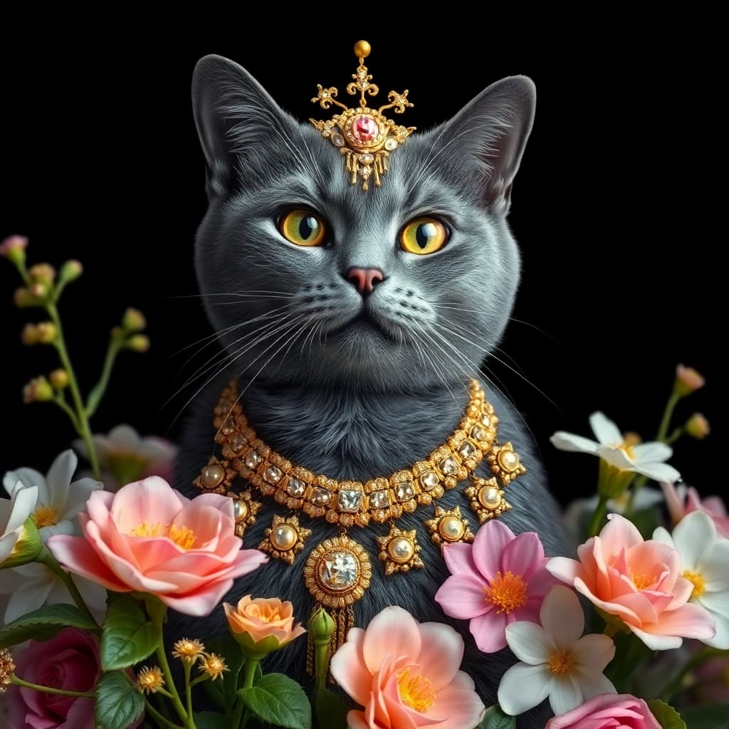 dark Grey cat AI style covered in gold jewelry and surrounded by flowers


