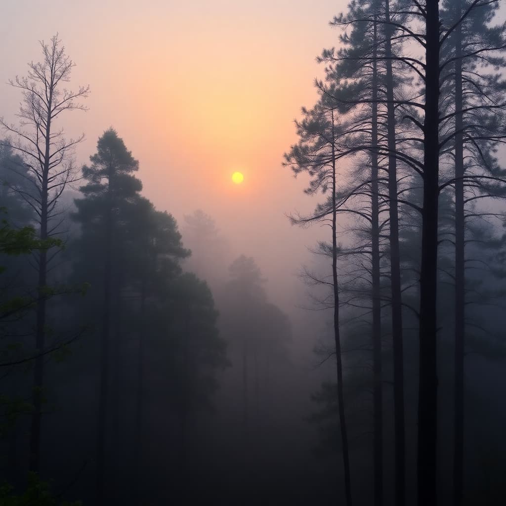 Misty sunrise over a tranquil forest