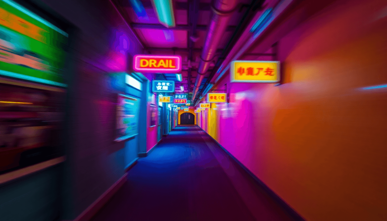 Vibrant colors, a long hallway with lights and neon signs, blurred motion, muted tones, digital art.