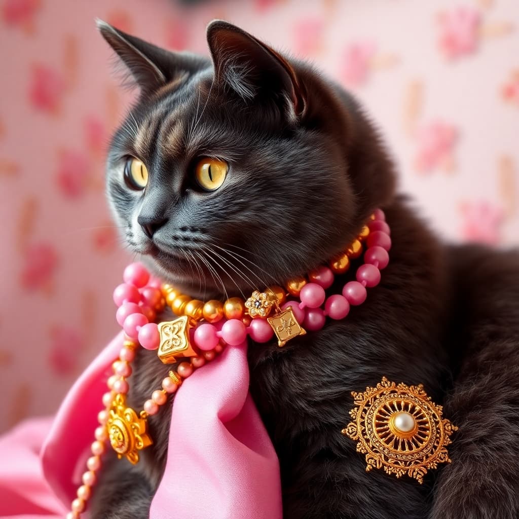 dark Grey cat AI style covered in gold jewelry and surrounded by everything pink 

