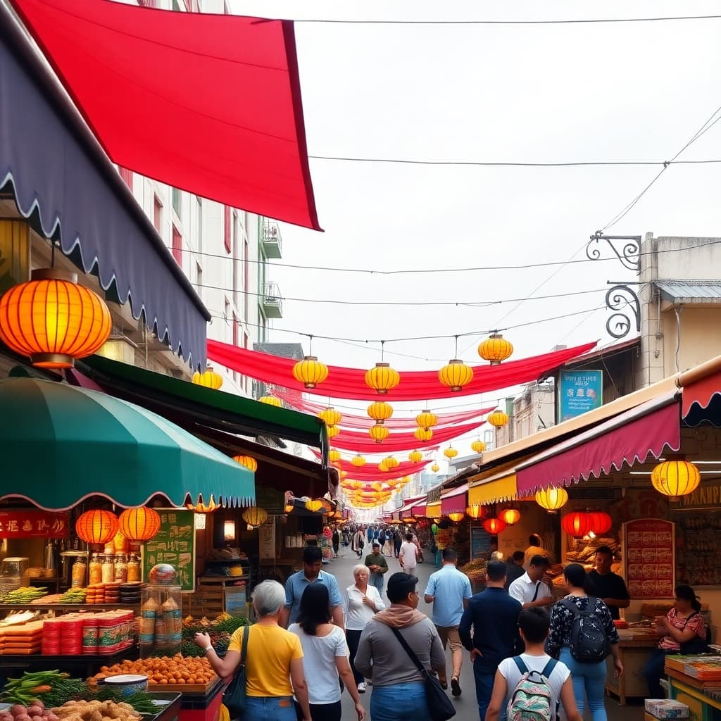 Bustling street market with colorful awnings and lanterns