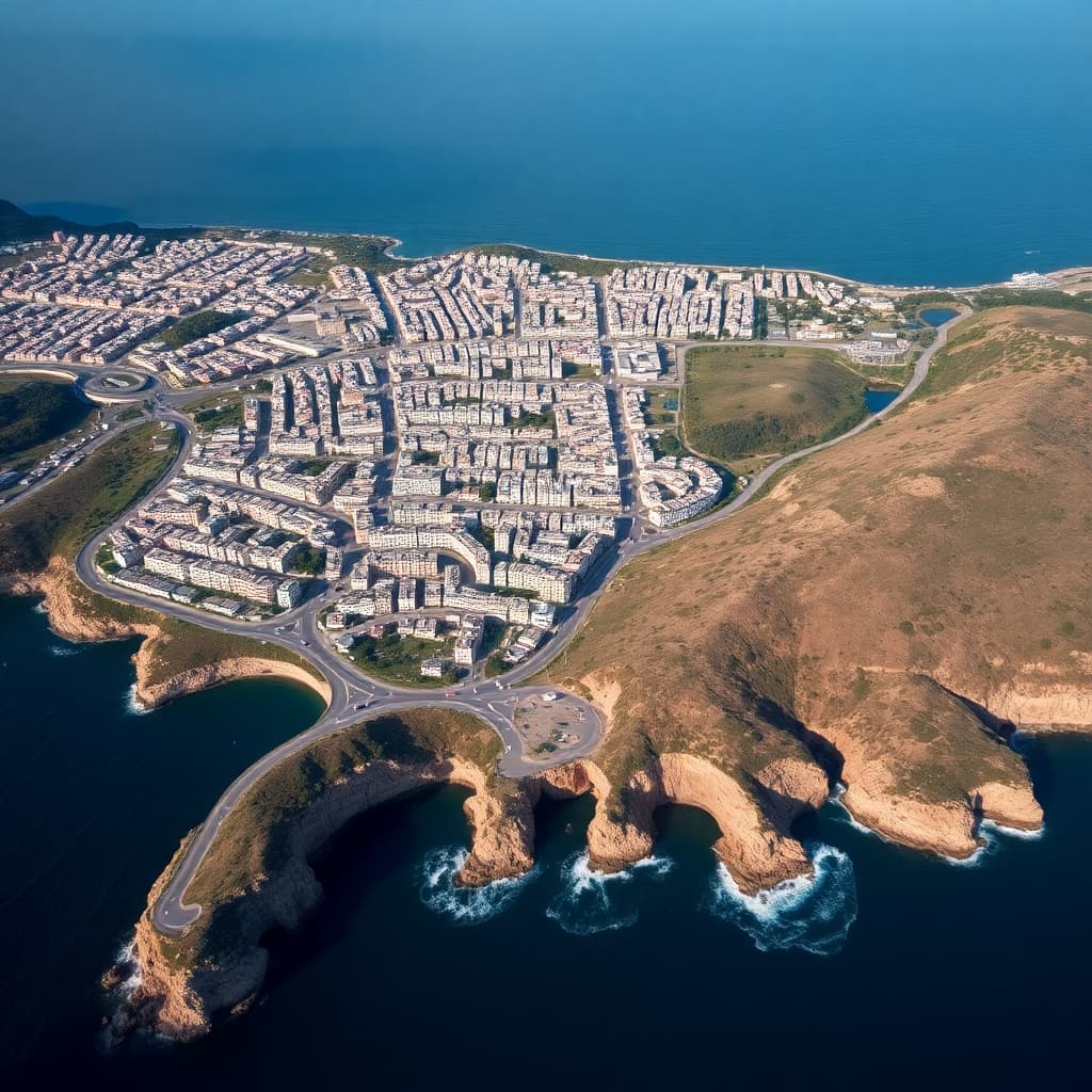 Aerial view of a coastal city with winding roads and cliffs