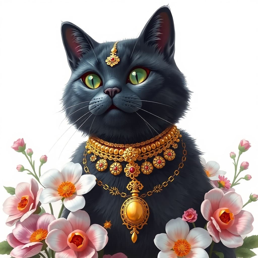 dark Grey cat AI style covered in gold jewelry and surrounded by flowers


