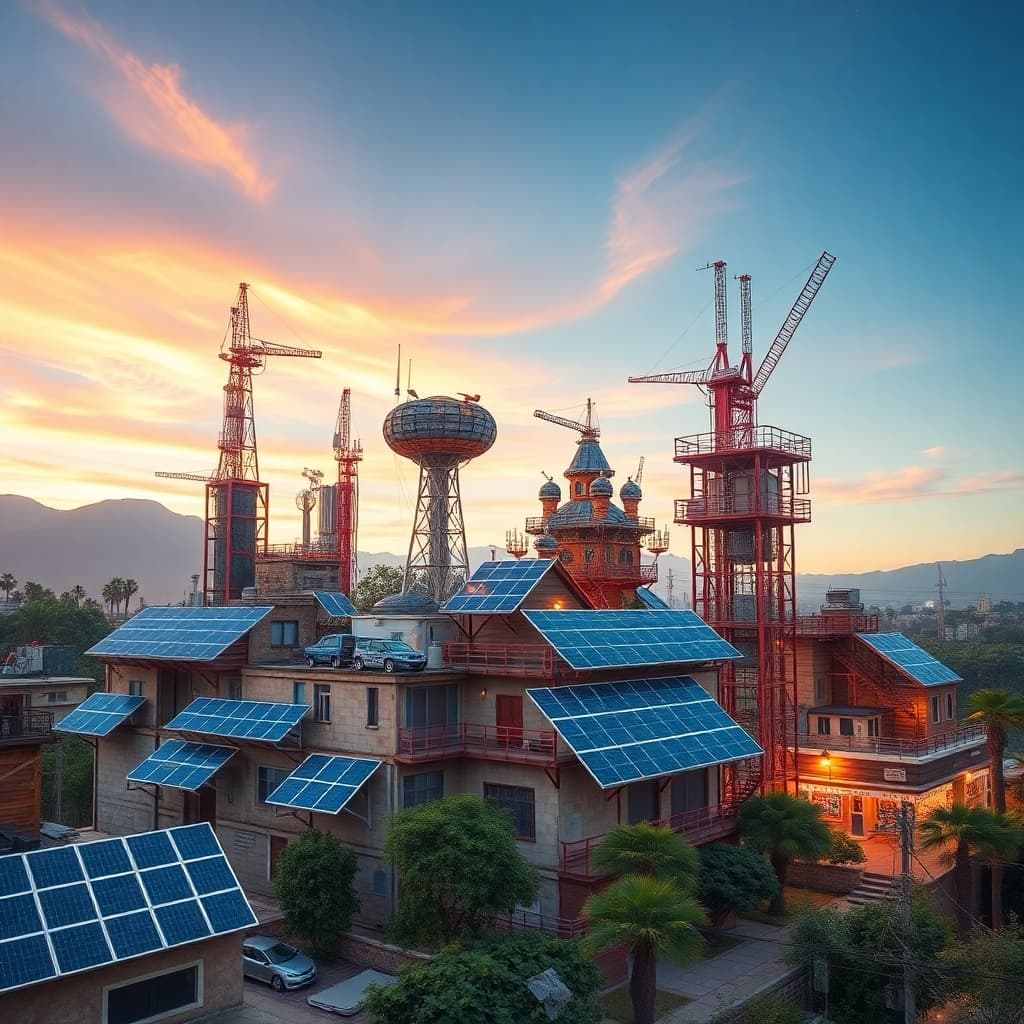 Solar punk city with renewable energy structures