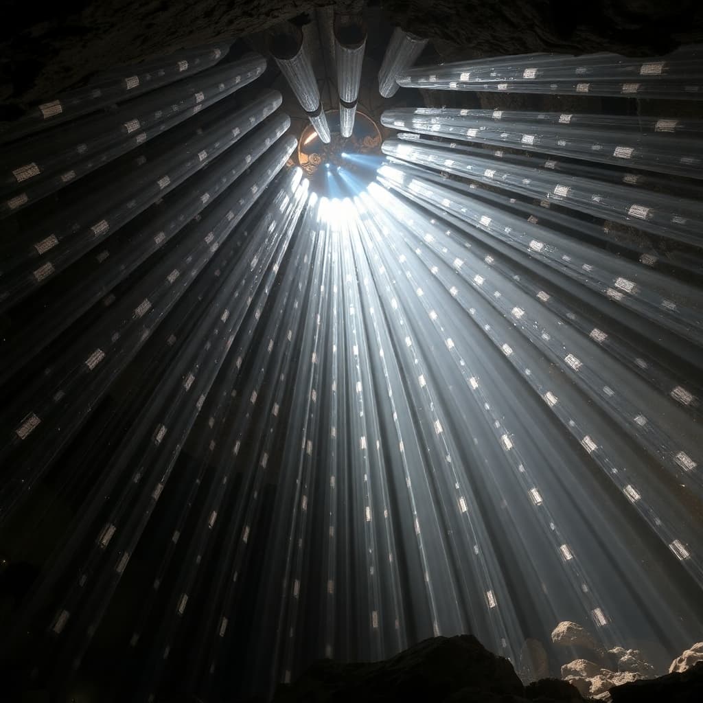 Underground crystal cathedral with light beams