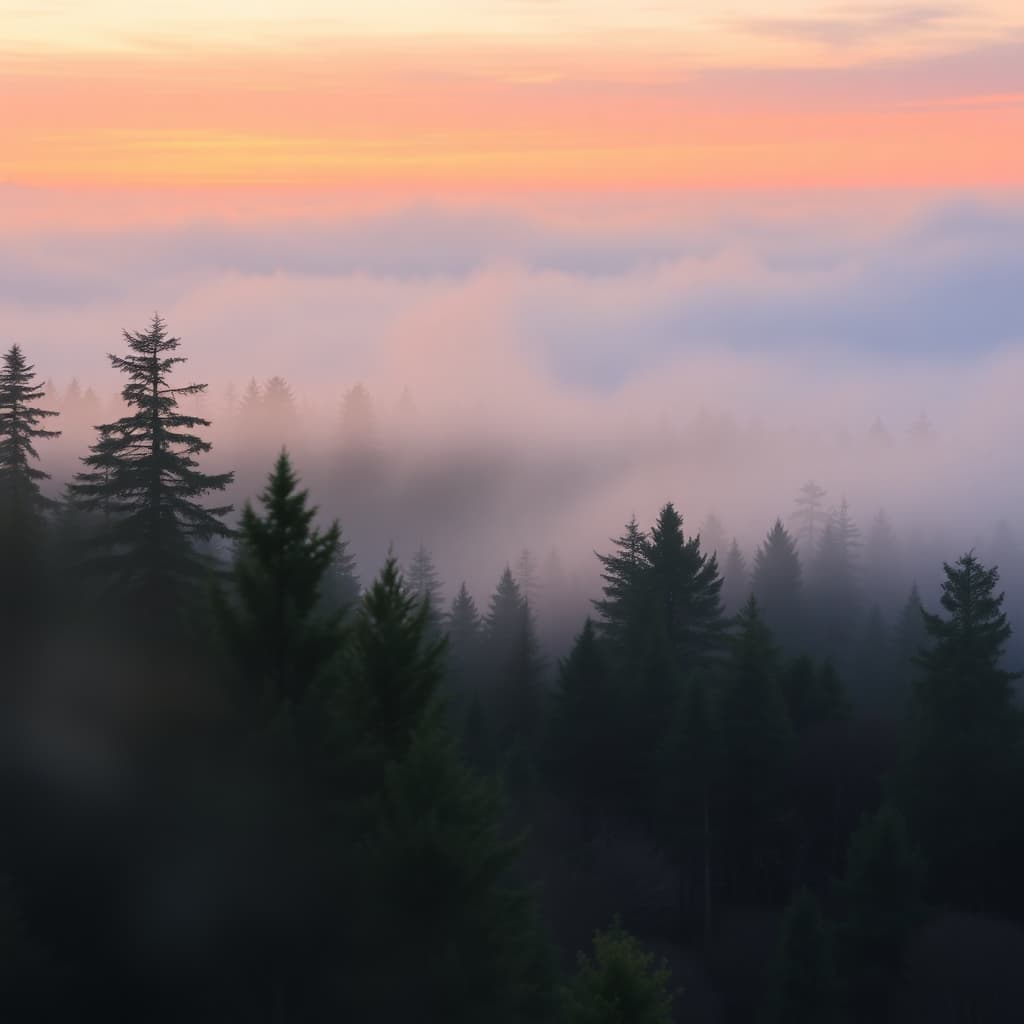 Misty sunrise over a tranquil forest