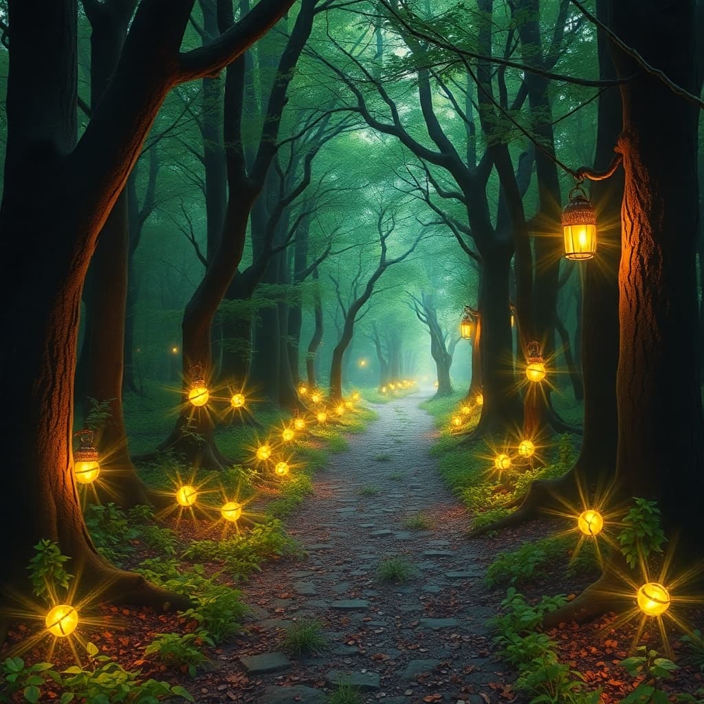 Enchanted forest pathway with spirit wisps