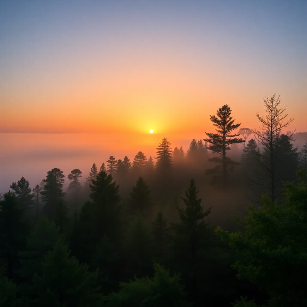 Misty sunrise over a tranquil forest