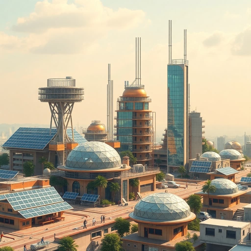 Solar punk city with renewable energy structures