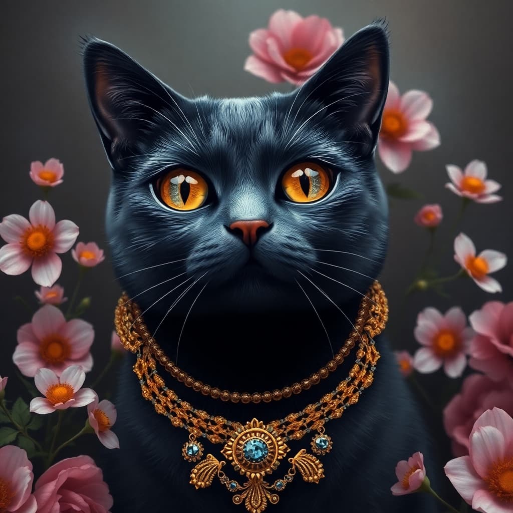 dark Grey cat AI style covered in gold jewelry and surrounded by flowers


