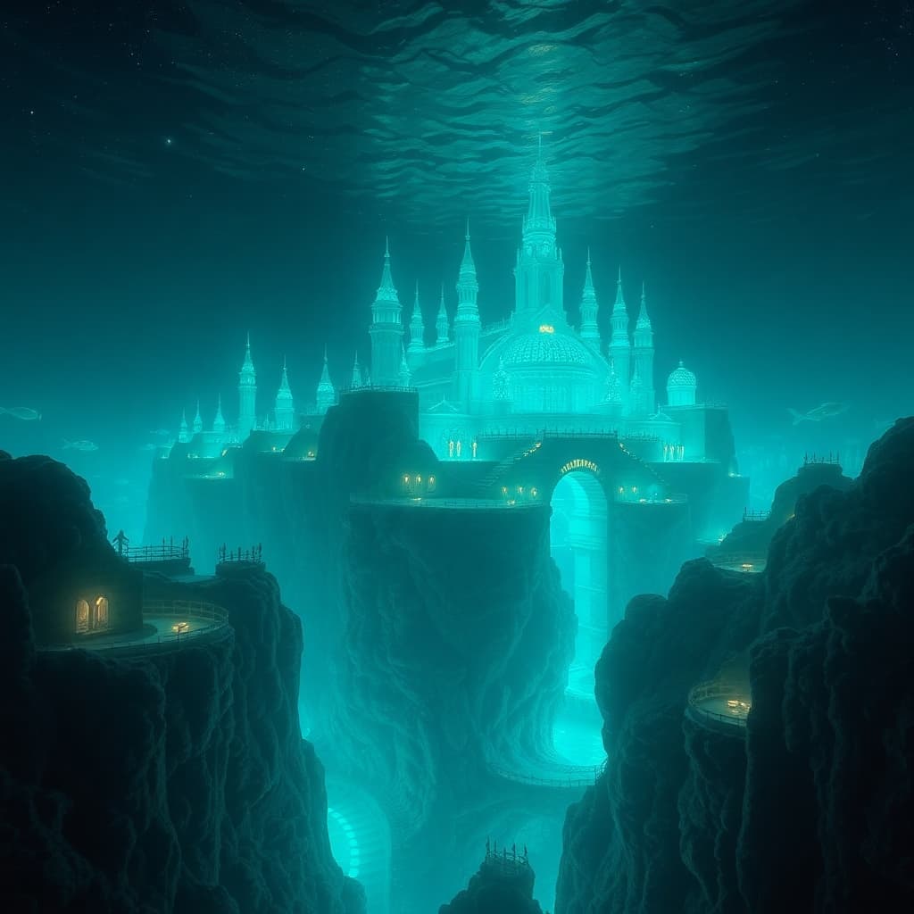 Underwater city with bioluminescent architecture