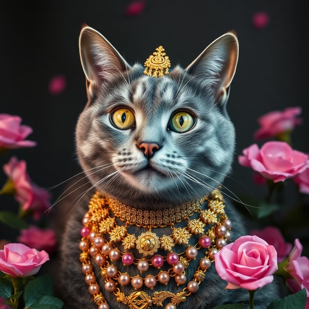 Grey cat AI style covered in gold jewelry and surrounded by everything pink 


