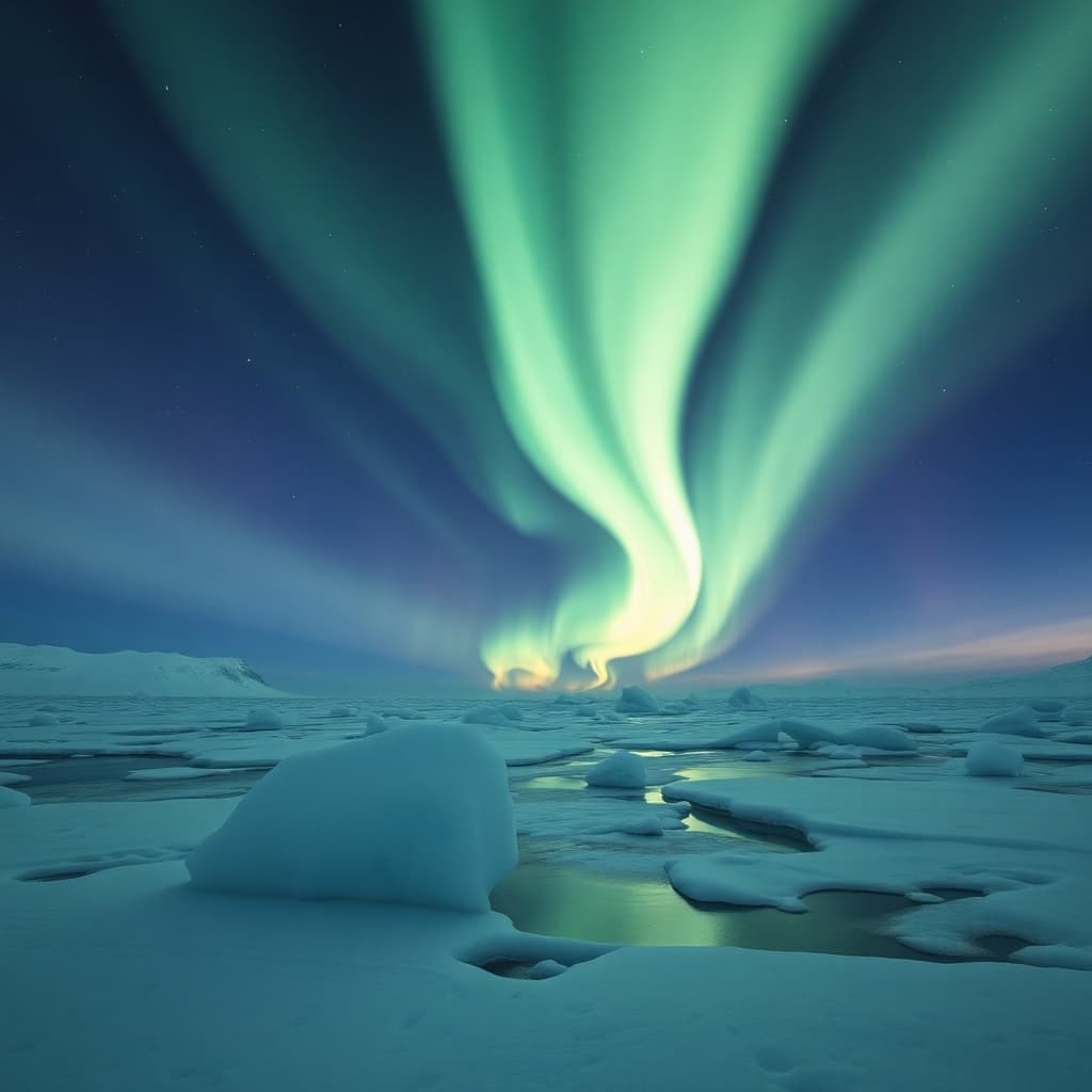 Aurora borealis illuminating an icy landscape