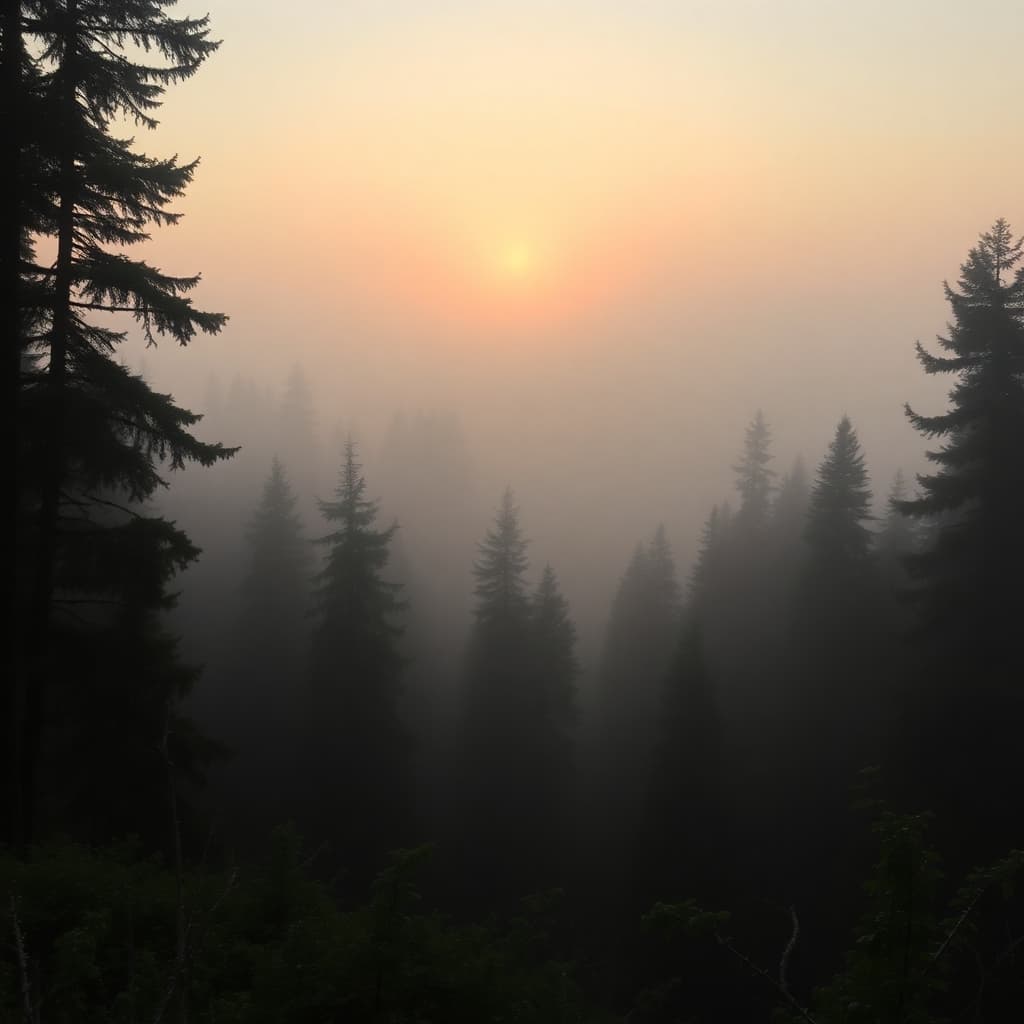 Misty sunrise over a tranquil forest