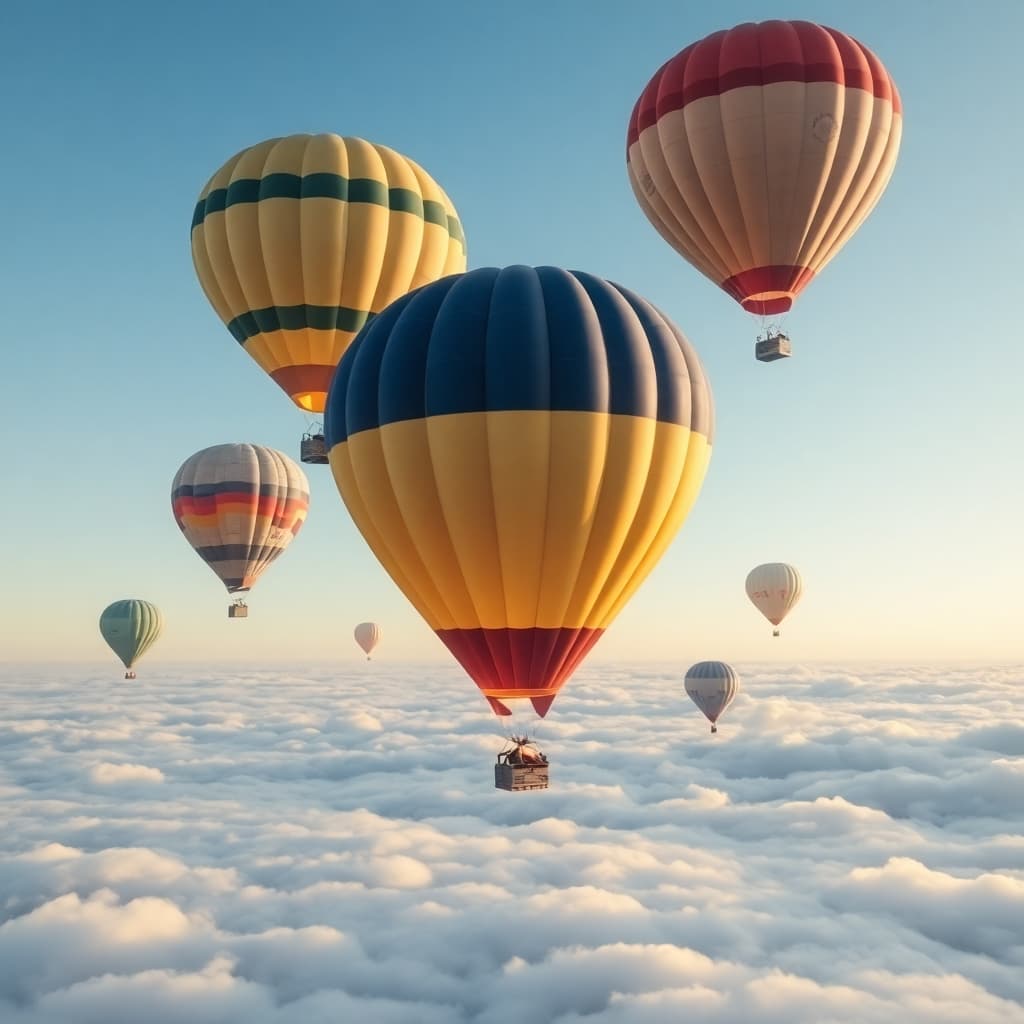 Hot air balloons floating above a dreamy cloud sea